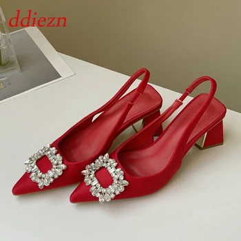 Женские туфли-лодочки с украшением в виде кристаллов, женская обувь, Летняя мода, Элегантные женские босоножки на высоком каблуке с острым носком, красные босоножки для свадеб 6