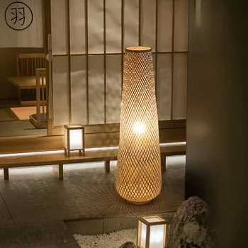 Японские Цилиндрические подвесные светильники, Плетеные подставки для чайной спальни, Прикроватные тумбочки, Украшения для гостиной, Деревянный E27, плетеный Ретро-бамбуковый торшер 7