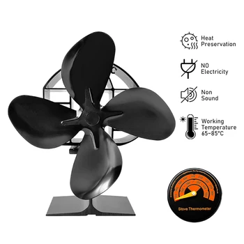 Черный вентилятор для печки с 4 лопастями, вентилятор для камина с тепловым питанием, Дровяная горелка, Экологичный Бесшумный Тепловентилятор для дома, эффективное распределение тепла 1